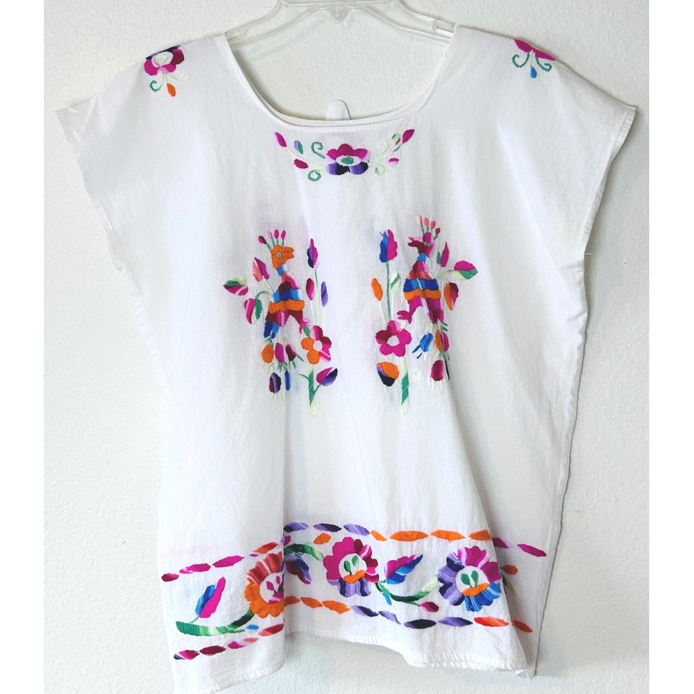 Vintage Mexican Hand Embroidered Floral Bird Peasant Blouse White Top SZ M